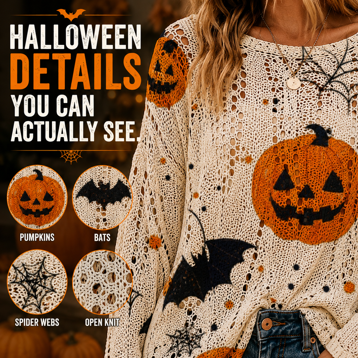 🎃 Halloween Open-Knit Pumpkin Sweater – Cozy Spooky Season Style