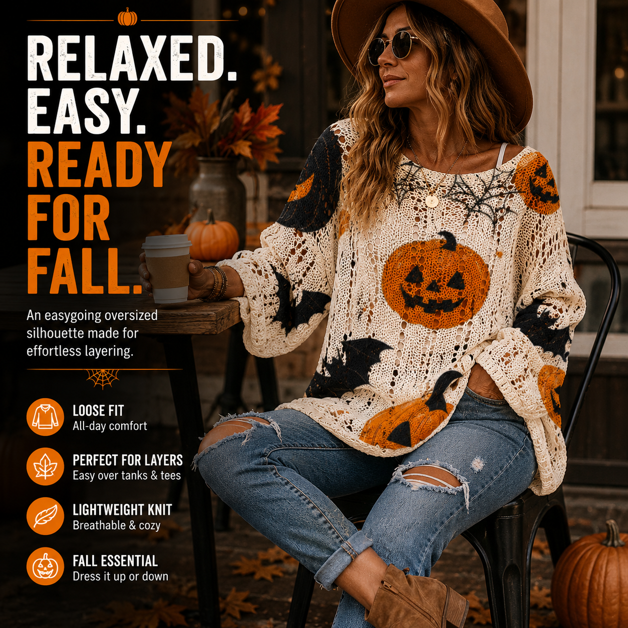 🎃 Halloween Open-Knit Pumpkin Sweater – Cozy Spooky Season Style