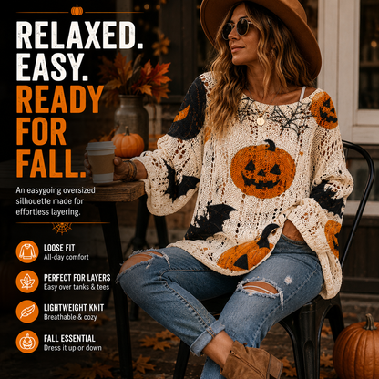 🎃 Halloween Open-Knit Pumpkin Sweater – Cozy Spooky Season Style
