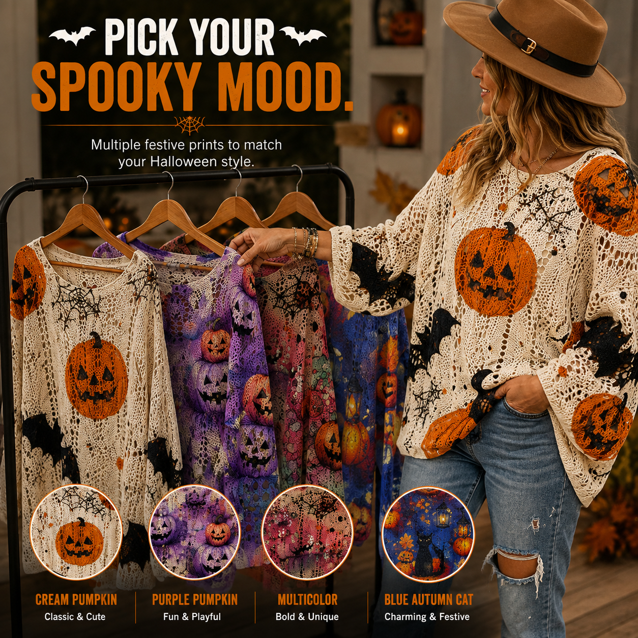 🎃 Halloween Open-Knit Pumpkin Sweater – Cozy Spooky Season Style