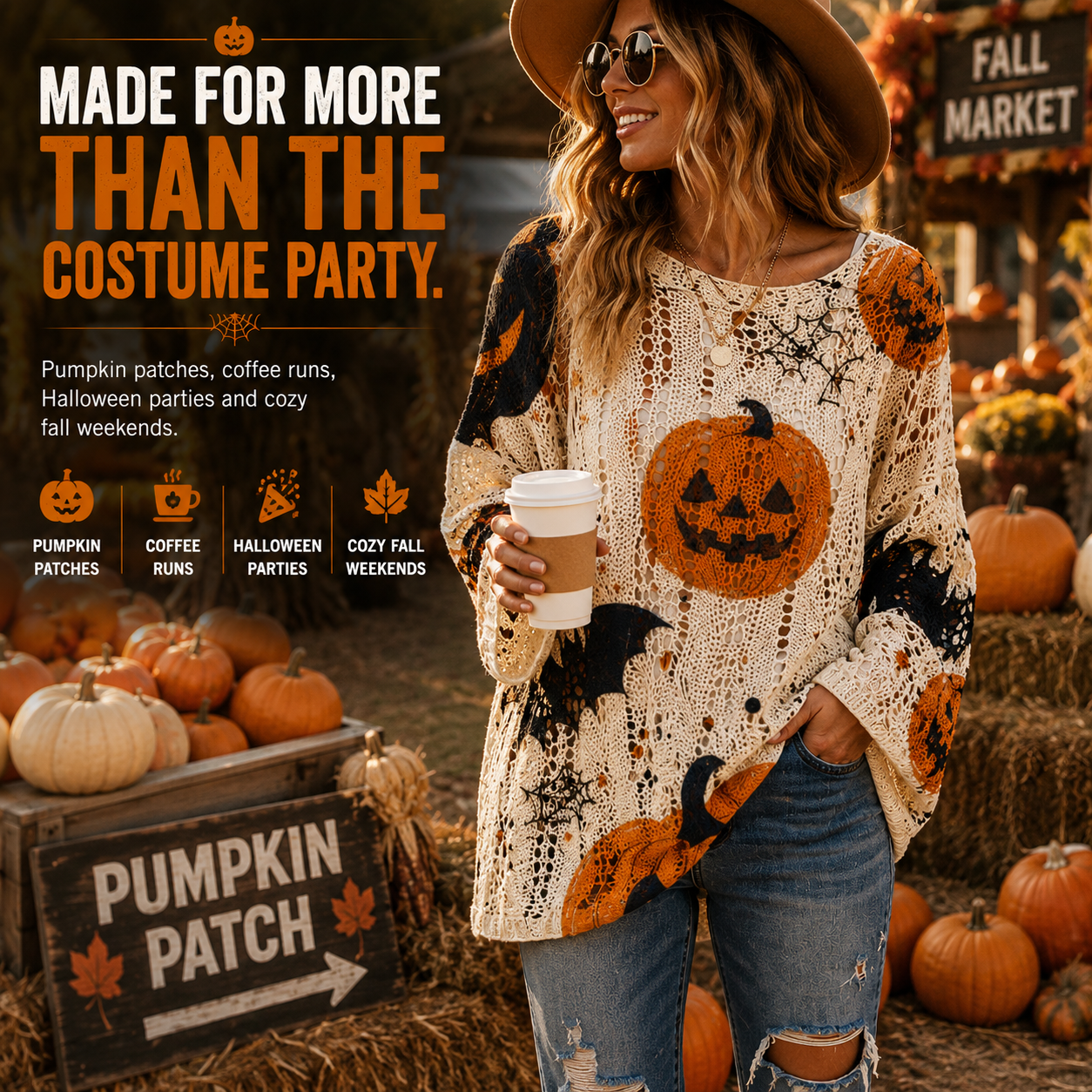 🎃 Halloween Open-Knit Pumpkin Sweater – Cozy Spooky Season Style