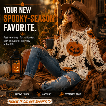 🎃 Halloween Open-Knit Pumpkin Sweater – Cozy Spooky Season Style