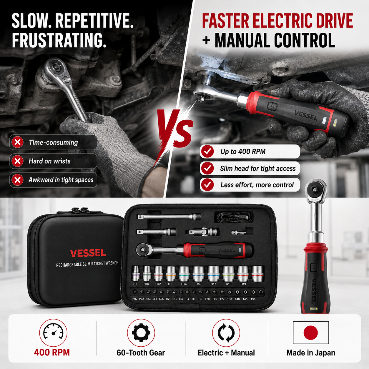 Traditional ratchet compared with cordless electric slim ratchet