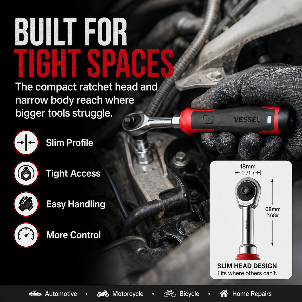 Slim cordless electric ratchet working in tight automotive space