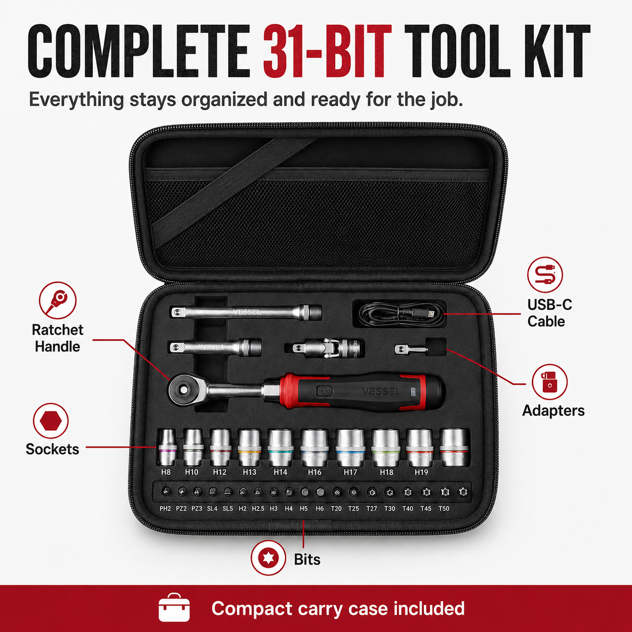 Complete 31-bit cordless electric ratchet tool kit