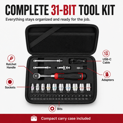 Cordless Electric Slim Ratchet Set | 400 RPM 31-Bit Tool Kit