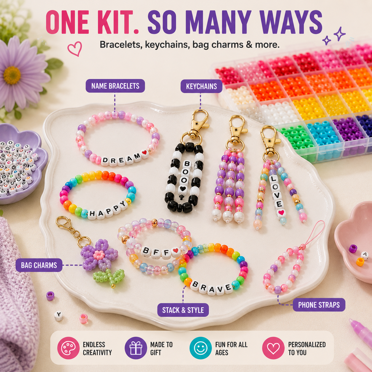 🌈 All-in-One Bead Bracelet & Keychain DIY Craft Kit