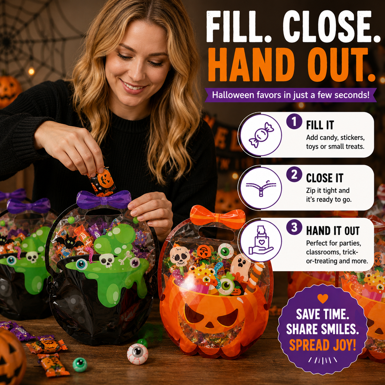 50 Pcs Halloween Goodie Bags – Clear Cauldron Candy Favor Bags