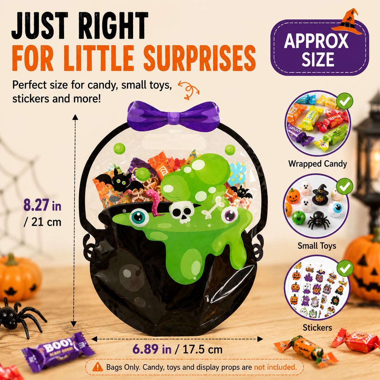 50 Pcs Halloween Goodie Bags – Clear Cauldron Candy Favor Bags