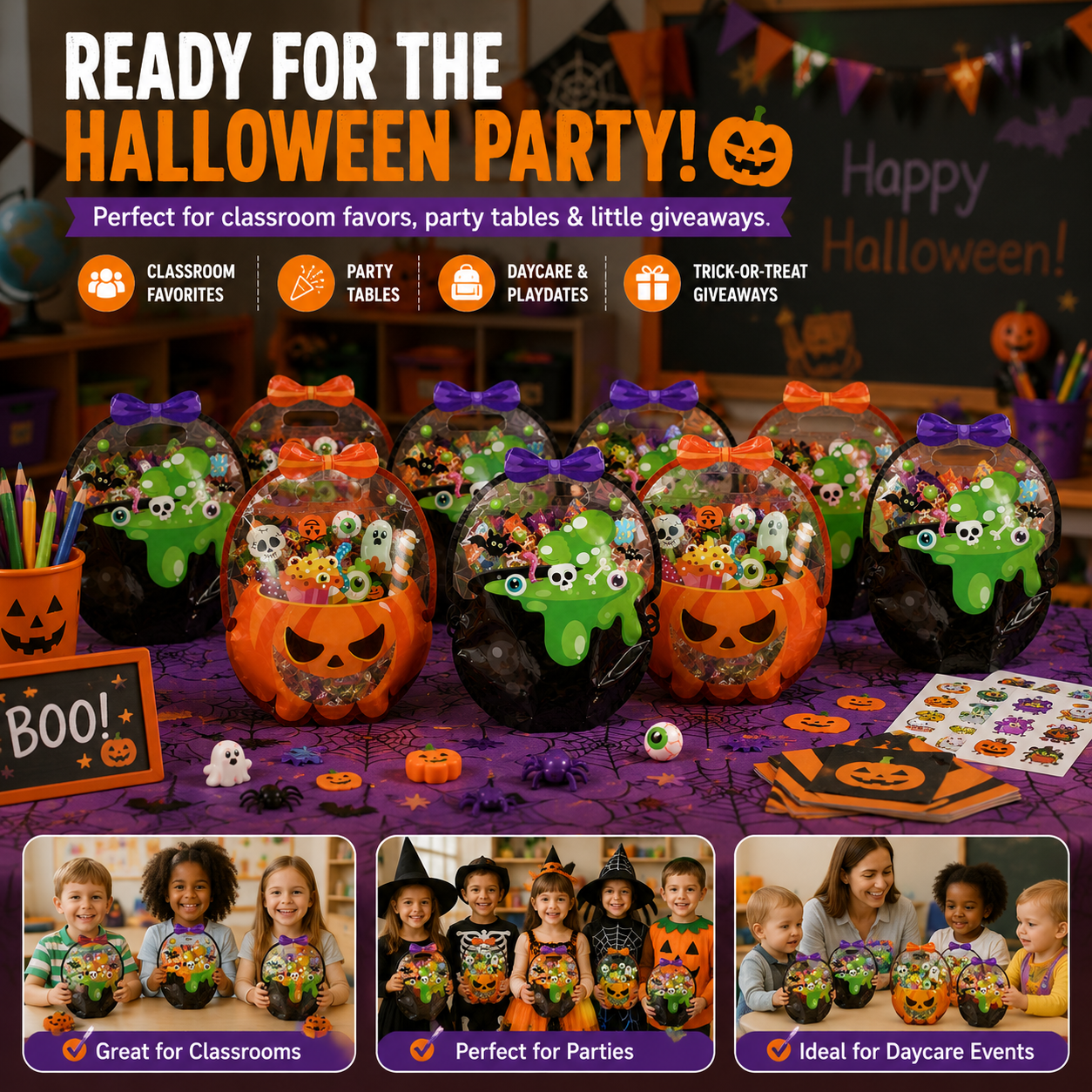 50 Pcs Halloween Goodie Bags – Clear Cauldron Candy Favor Bags