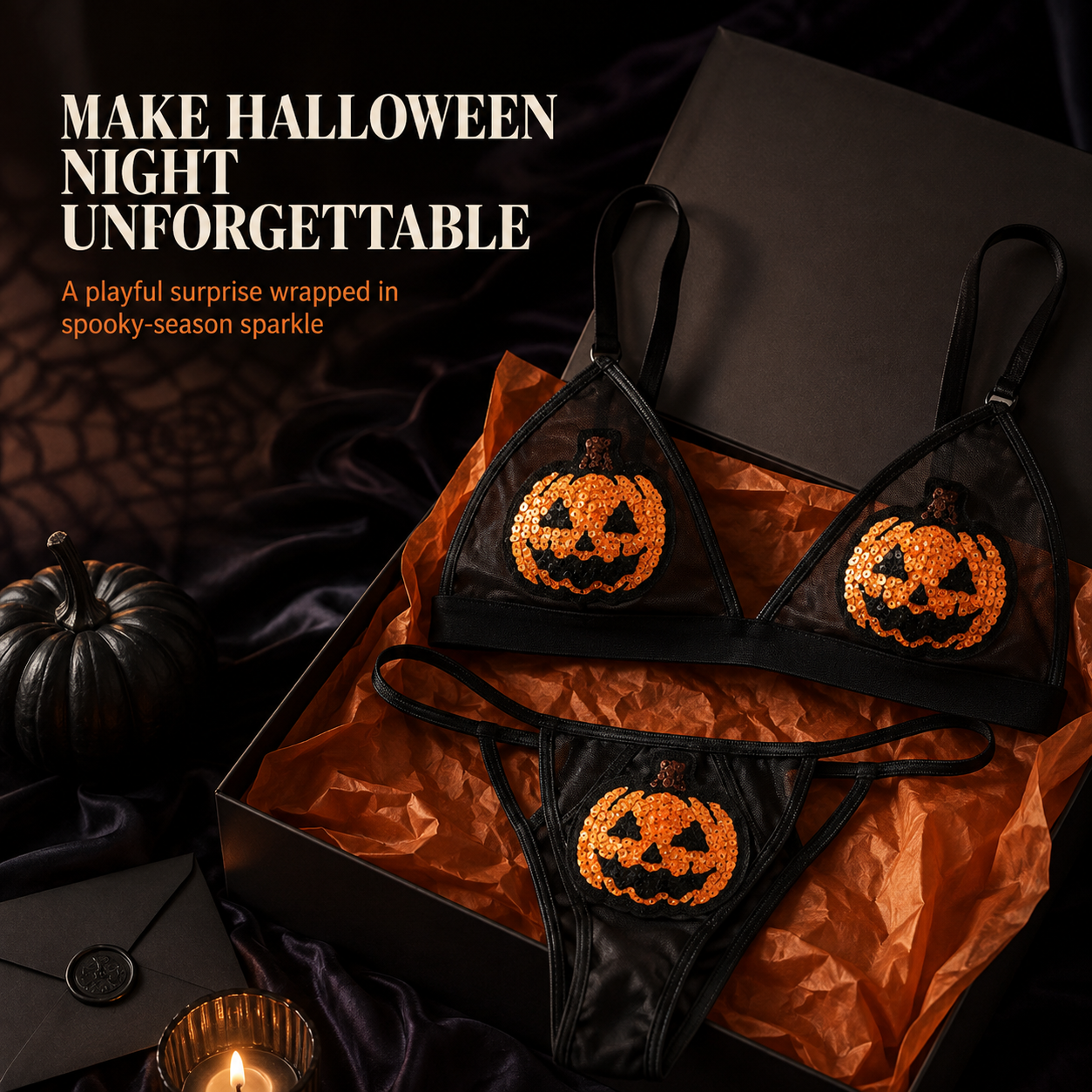 ✨ Sequin Pumpkin Sheer Lingerie Set – Halloween Two-Piece Outfit