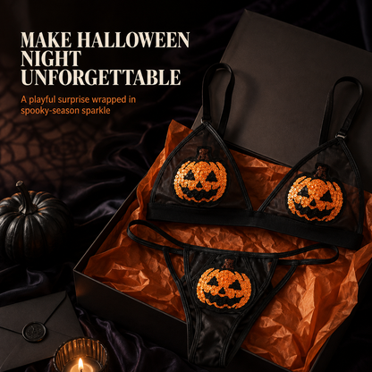 ✨ Sequin Pumpkin Sheer Lingerie Set – Halloween Two-Piece Outfit