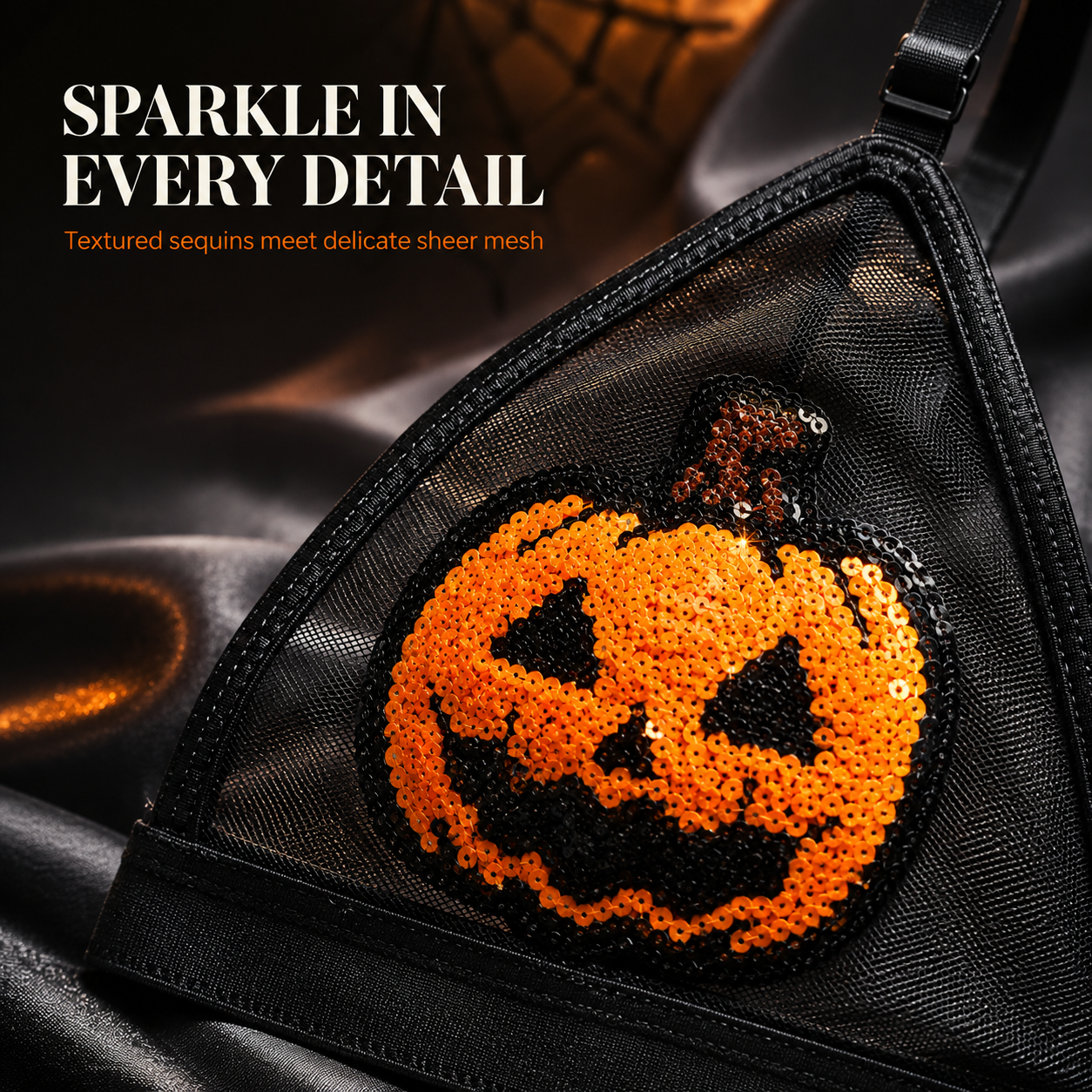 ✨ Sequin Pumpkin Sheer Lingerie Set – Halloween Two-Piece Outfit