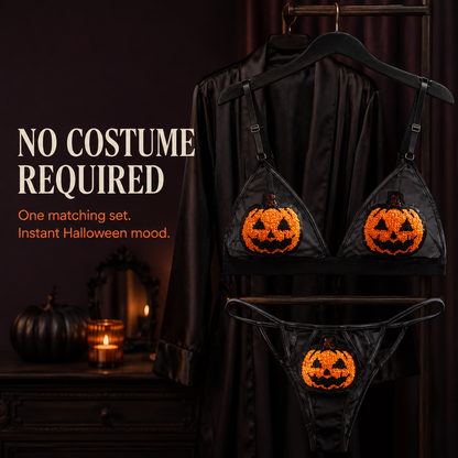 ✨ Sequin Pumpkin Sheer Lingerie Set – Halloween Two-Piece Outfit