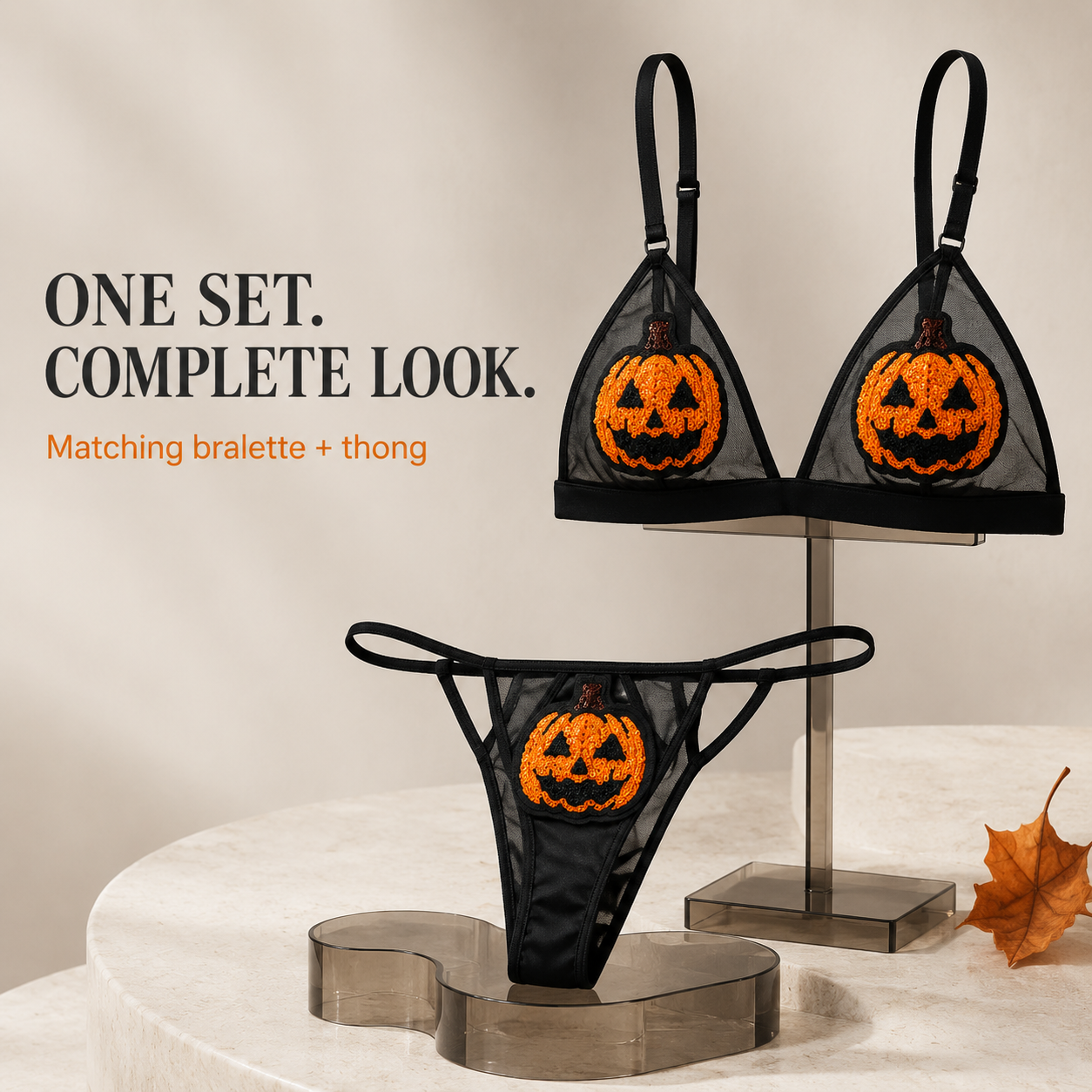 ✨ Sequin Pumpkin Sheer Lingerie Set – Halloween Two-Piece Outfit