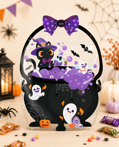 🎁50 Pcs Halloween Goodie Bags – Clear Cauldron Candy Favor Bags