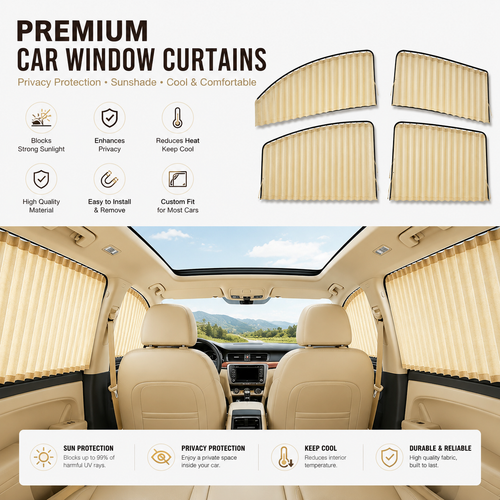 4-Piece Beige Magnetic Car Side Window Sun Shades – UV Protection & Privacy Curtains