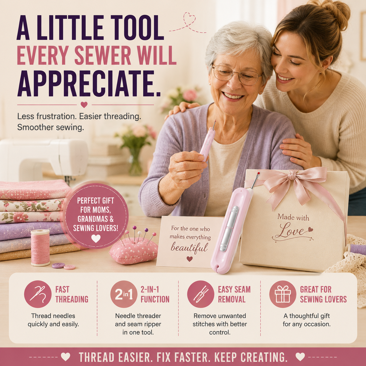🧵 2-in-1 Easy Needle Threader & Seam Ripper – Thread Faster, Sew Easier