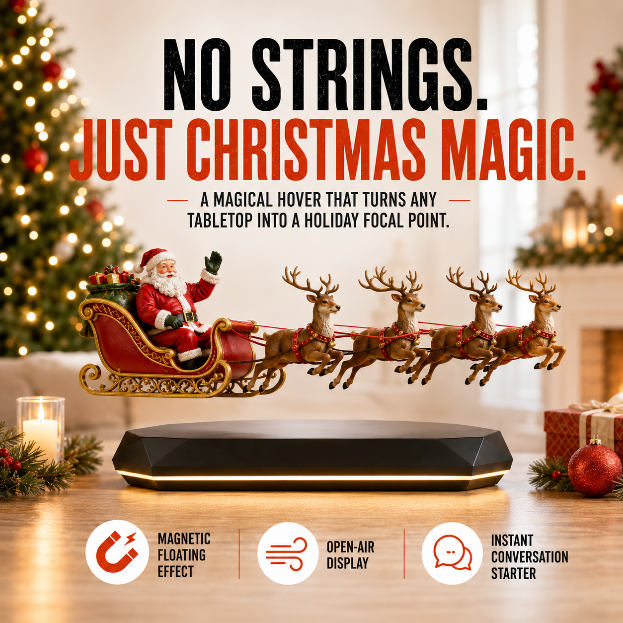 🎅 Floating Santa Sleigh with 4 Reindeer – Magnetic Levitation Christmas Display