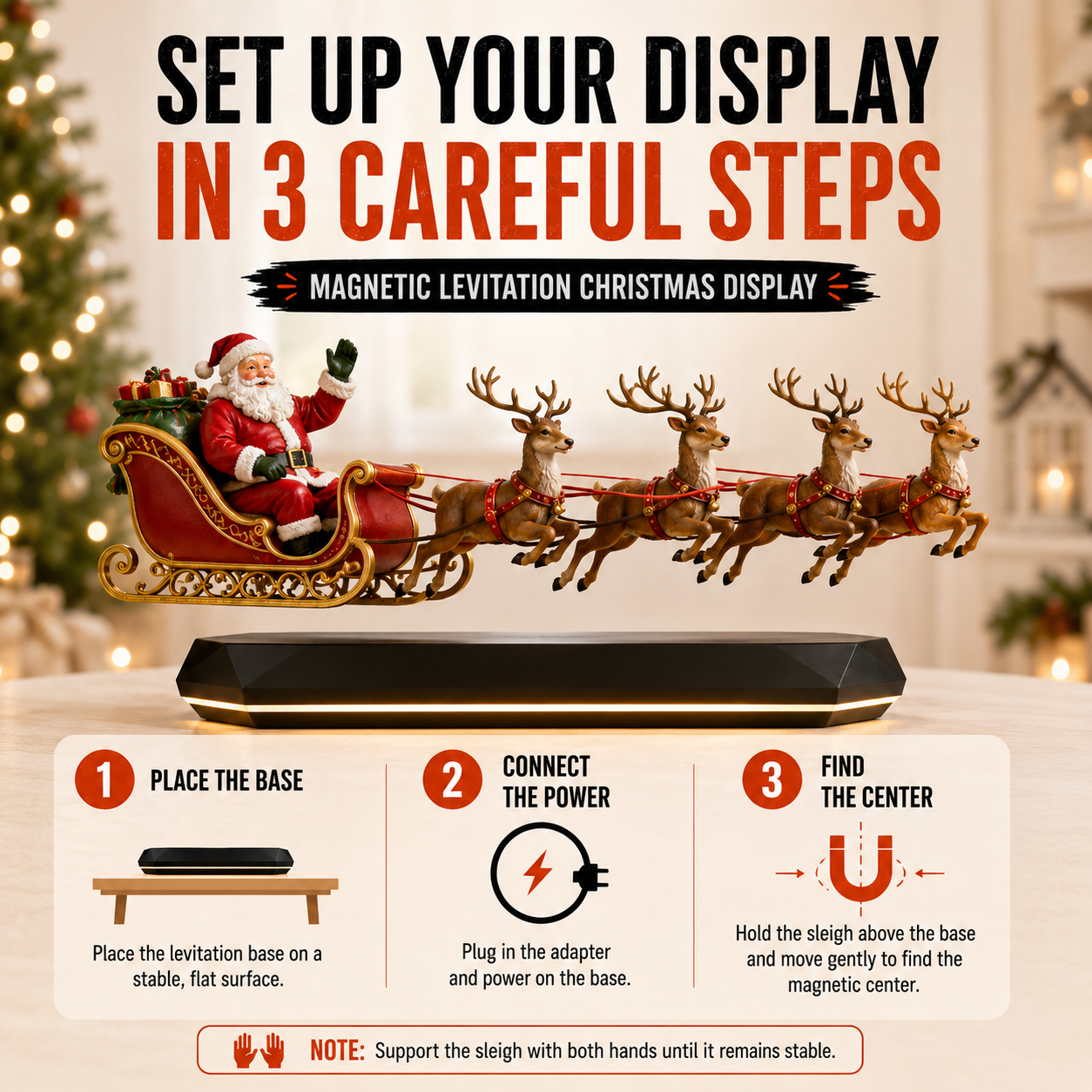 🎅 Floating Santa Sleigh with 4 Reindeer – Magnetic Levitation Christmas Display