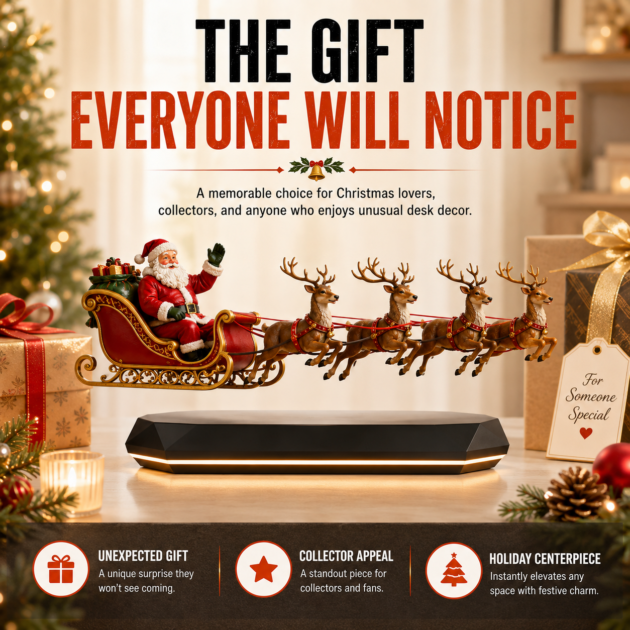 🎅 Floating Santa Sleigh with 4 Reindeer – Magnetic Levitation Christmas Display