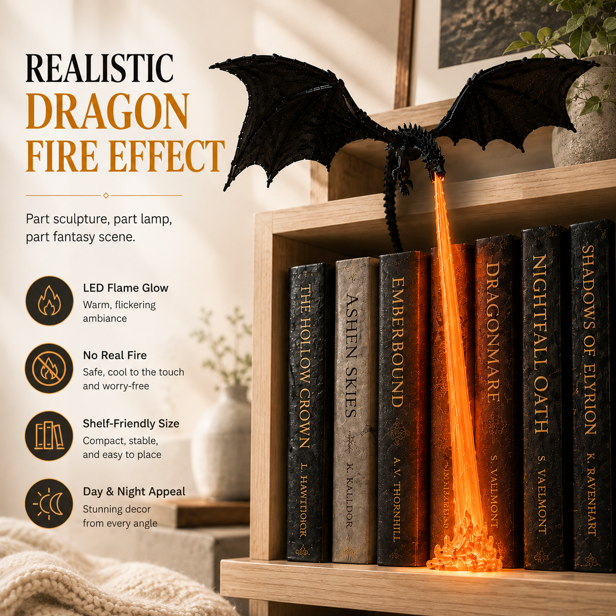 🔥 HOT SALE 🐉3D Fire-Breathing Dragon LED Display – Fantasy Bookshelf Decor with Glowing Flame