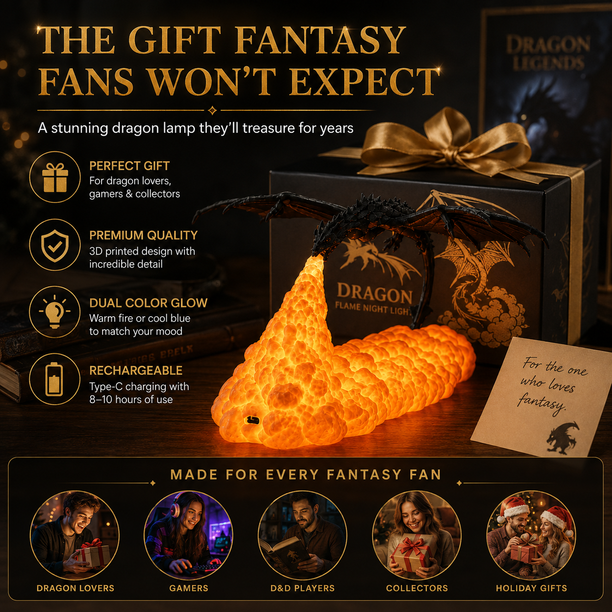 🐉 Dragon Flame Night Light – Dual-Color Rechargeable Fantasy Lamp