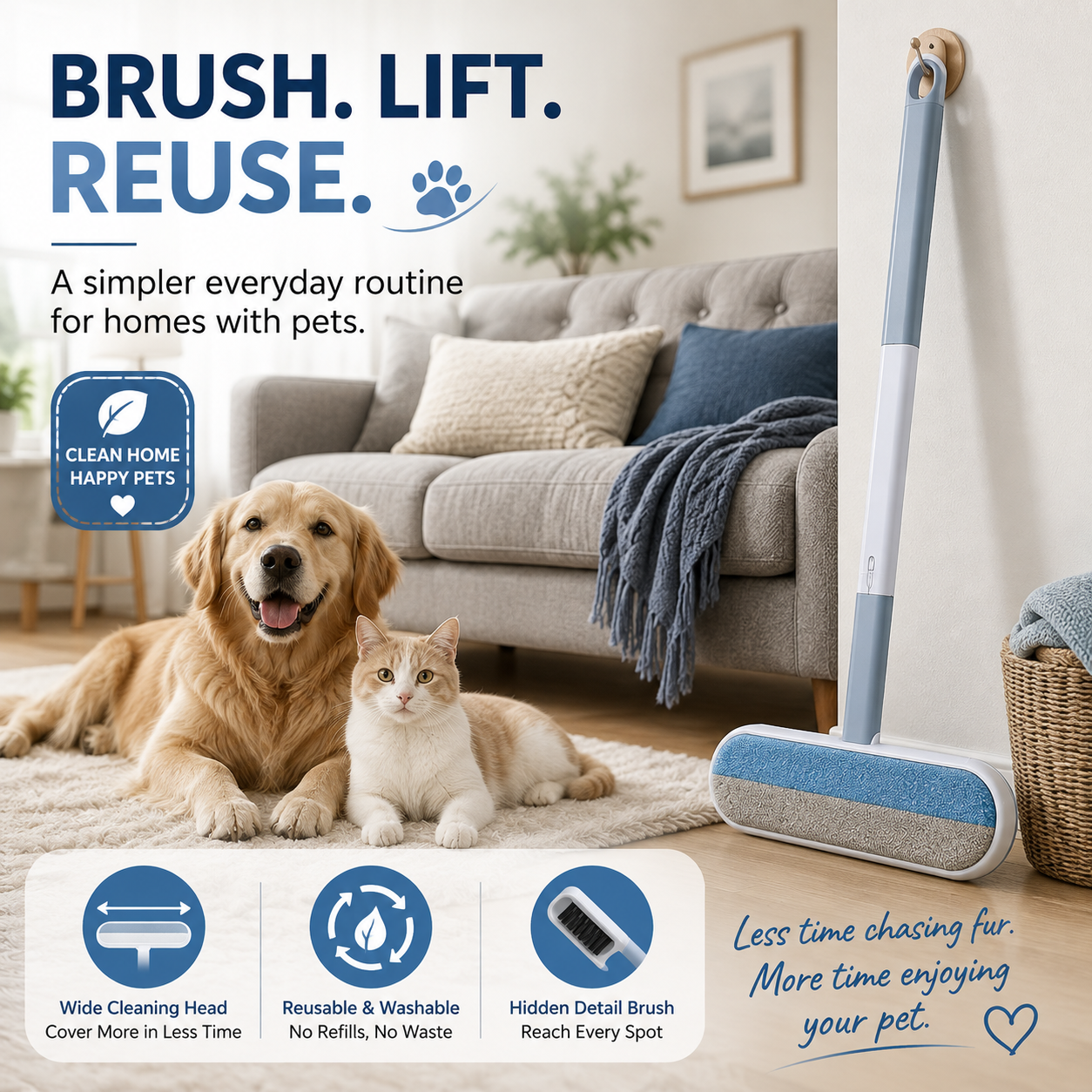 🐾 Long-Handle Reusable Pet Hair Remover - Sofa, Carpet & Bedding Brush