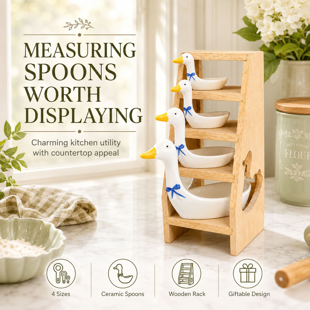 🪿 Ceramic Duck Measuring Spoon Set with Wooden Display Rack – 4 Sizes