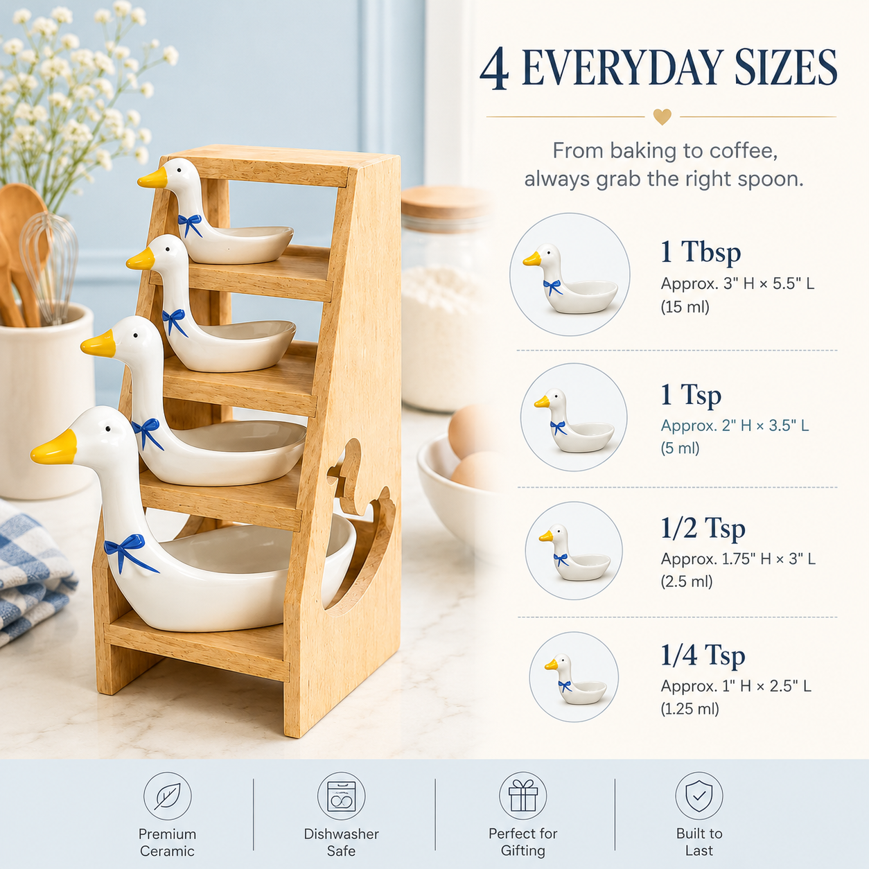 🪿 Ceramic Duck Measuring Spoon Set with Wooden Display Rack – 4 Sizes