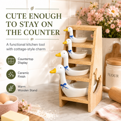 🪿 Ceramic Duck Measuring Spoon Set with Wooden Display Rack – 4 Sizes