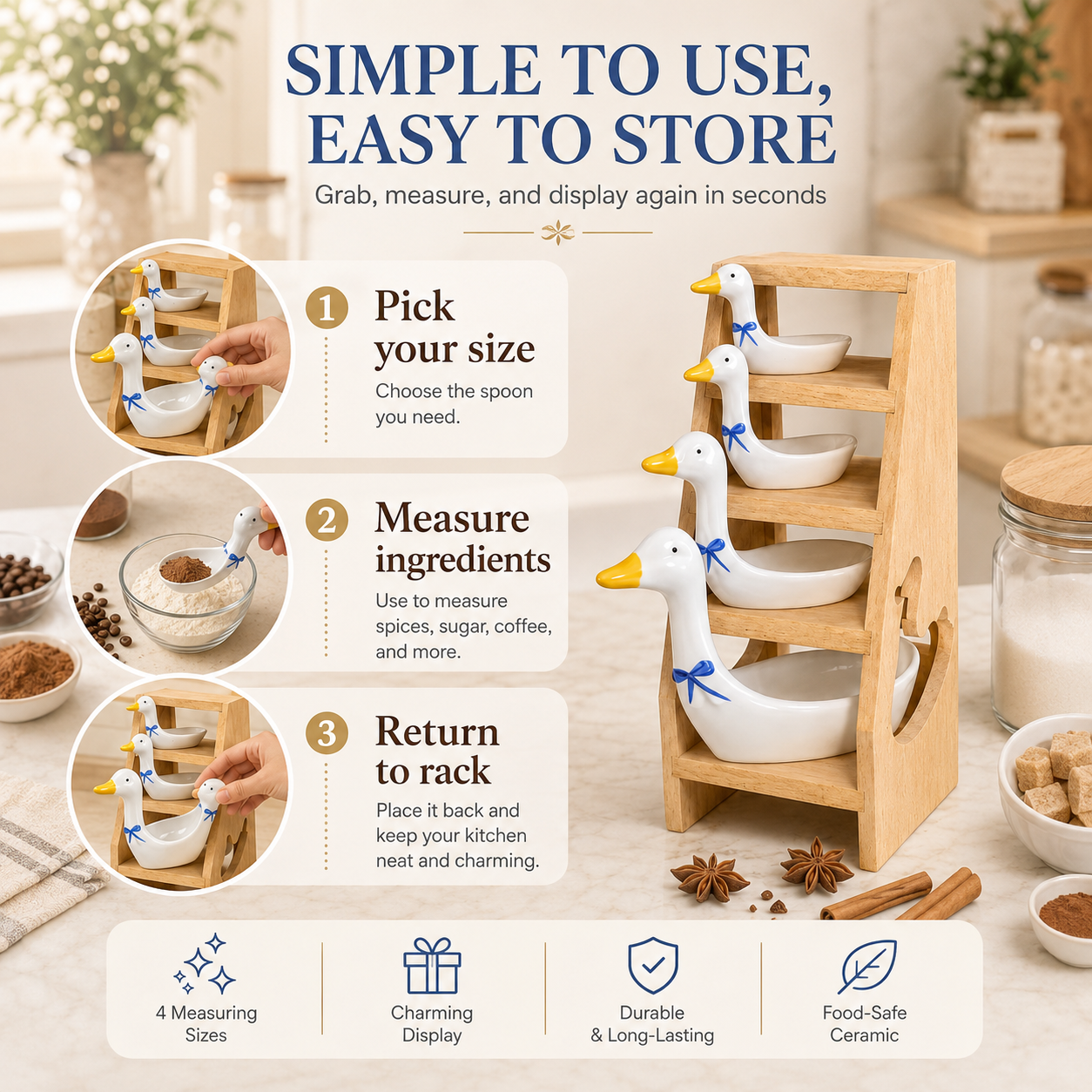 🪿 Ceramic Duck Measuring Spoon Set with Wooden Display Rack – 4 Sizes