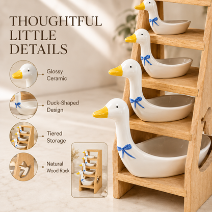 🪿 Ceramic Duck Measuring Spoon Set with Wooden Display Rack – 4 Sizes
