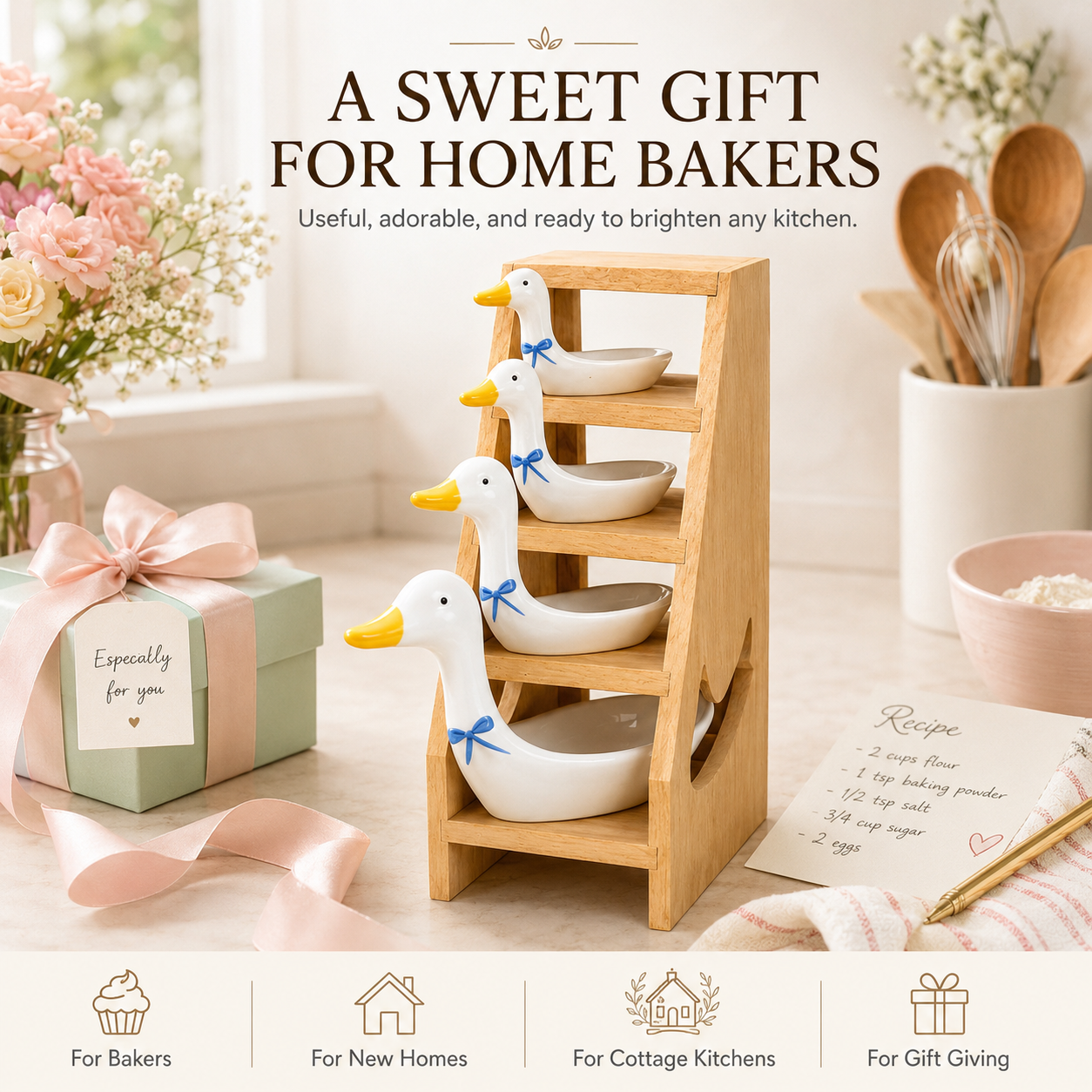 🪿 Ceramic Duck Measuring Spoon Set with Wooden Display Rack – 4 Sizes