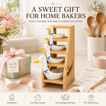 🪿 Ceramic Duck Measuring Spoon Set with Wooden Display Rack – 4 Sizes