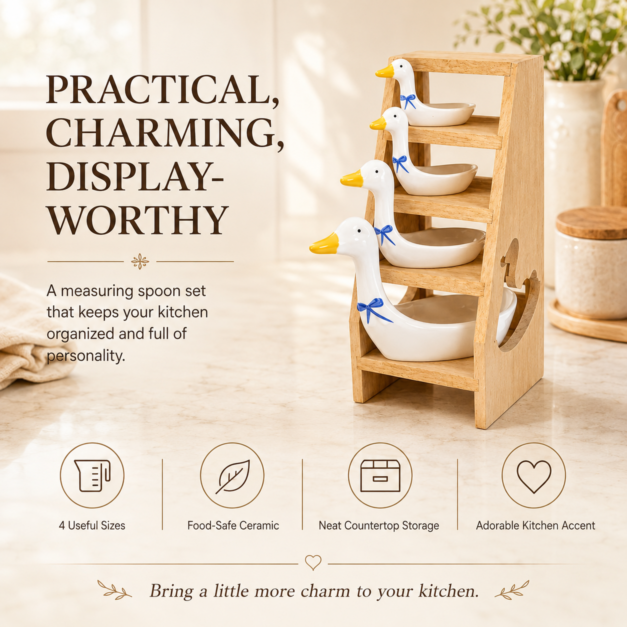🪿 Ceramic Duck Measuring Spoon Set with Wooden Display Rack – 4 Sizes