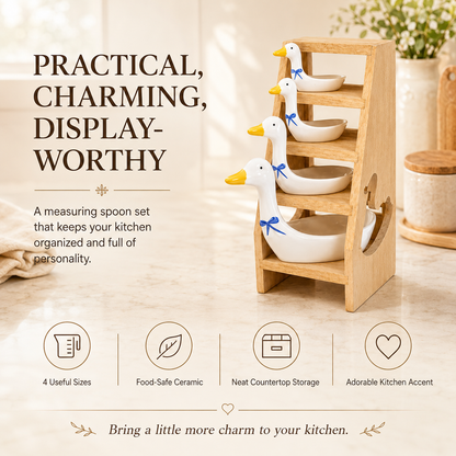 🪿 Ceramic Duck Measuring Spoon Set with Wooden Display Rack – 4 Sizes