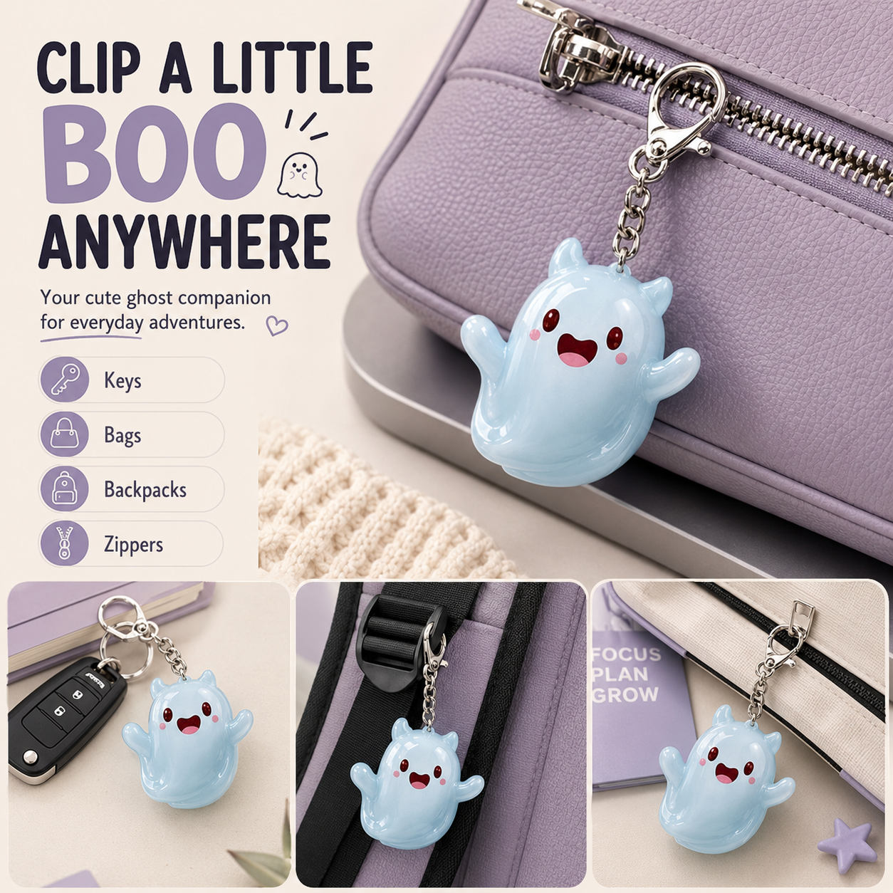 Ghost keychain attached to bags keys and backpacks