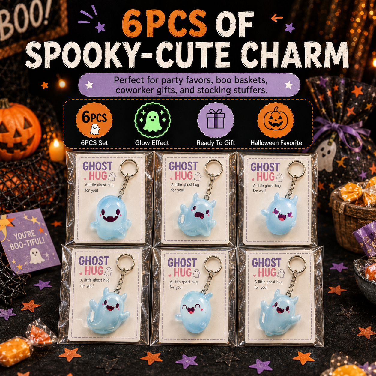👻6pcs Glow-in-the-Dark Ghost Keychain🎁Cute Halloween Gift