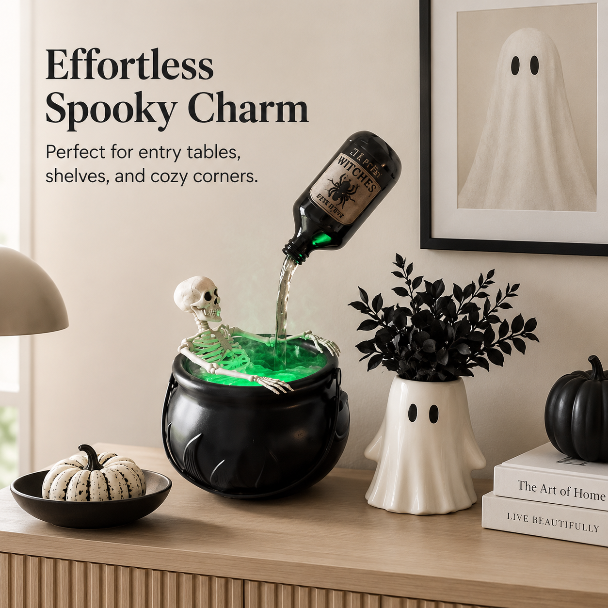 Halloween floating potion cauldron styled on home entry table