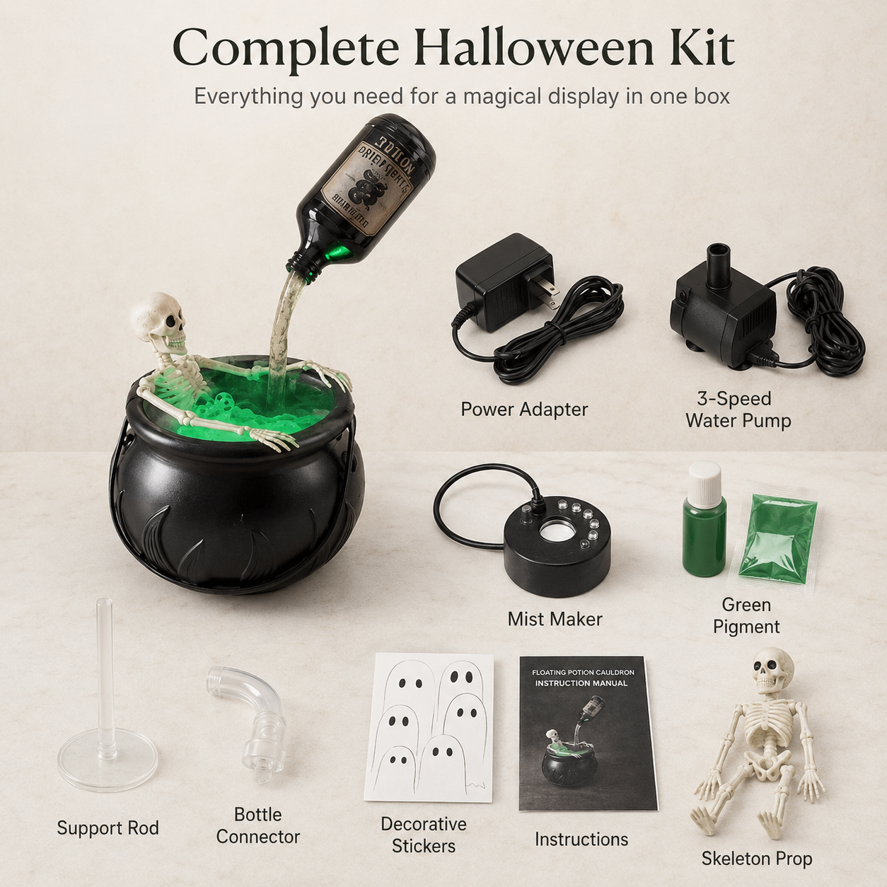 🏆Flash Sale⚡Cauldron Halloween Decor with Magic Floating Potion Bottles and Diffuser