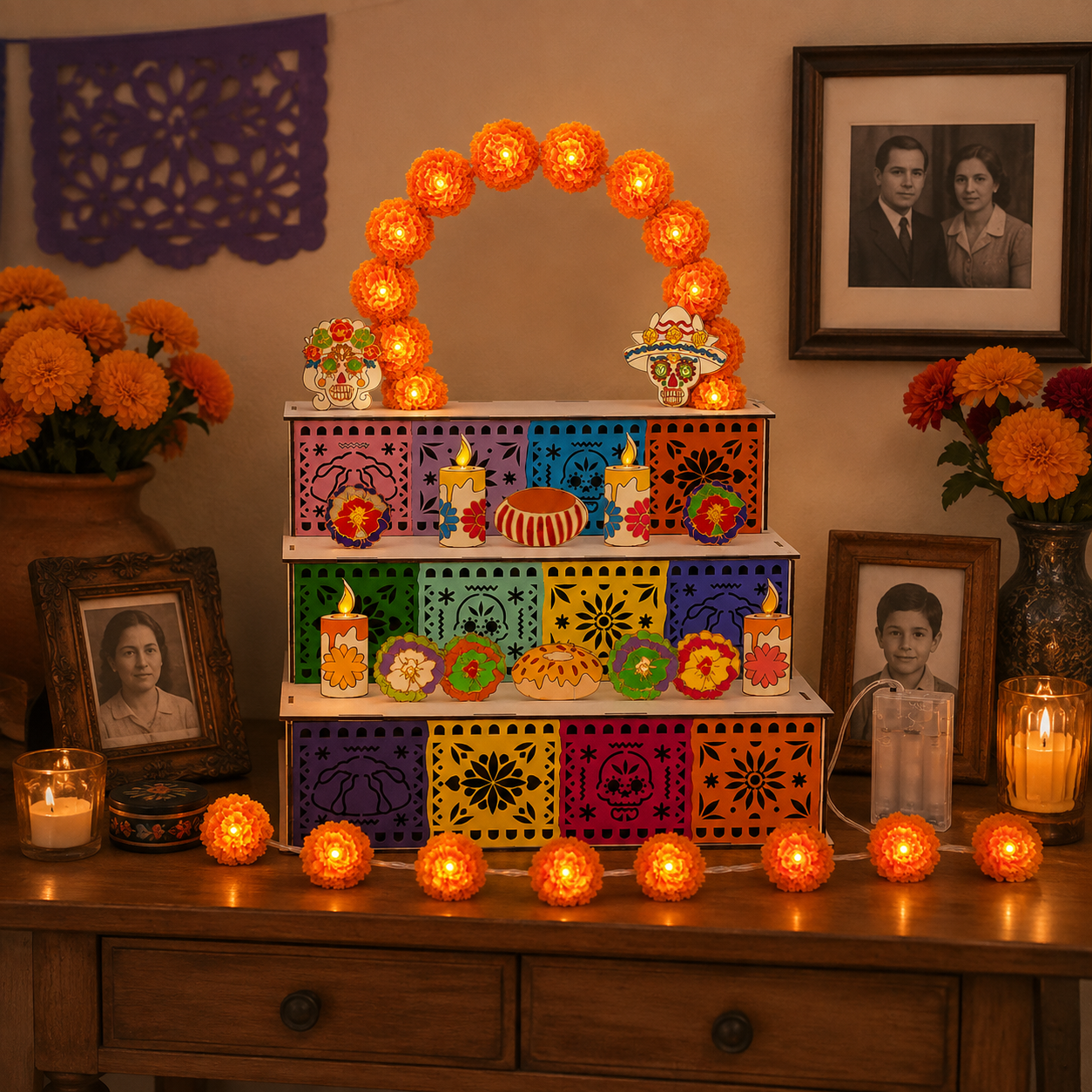 💀3-Tier Mexican Day of the Dead Wooden Altar Display Set🏵️