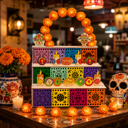 💀3-Tier Mexican Day of the Dead Wooden Altar Display Set🏵️