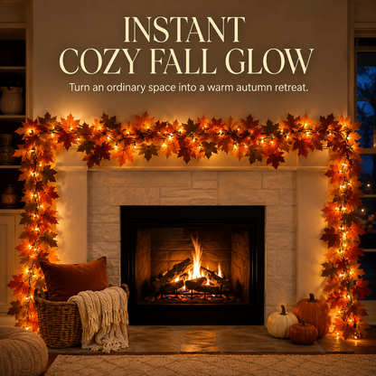🍂 Lighted Autumn Maple Leaf Garland – Warm LED Fall Mantel, Window & Doorway Decor