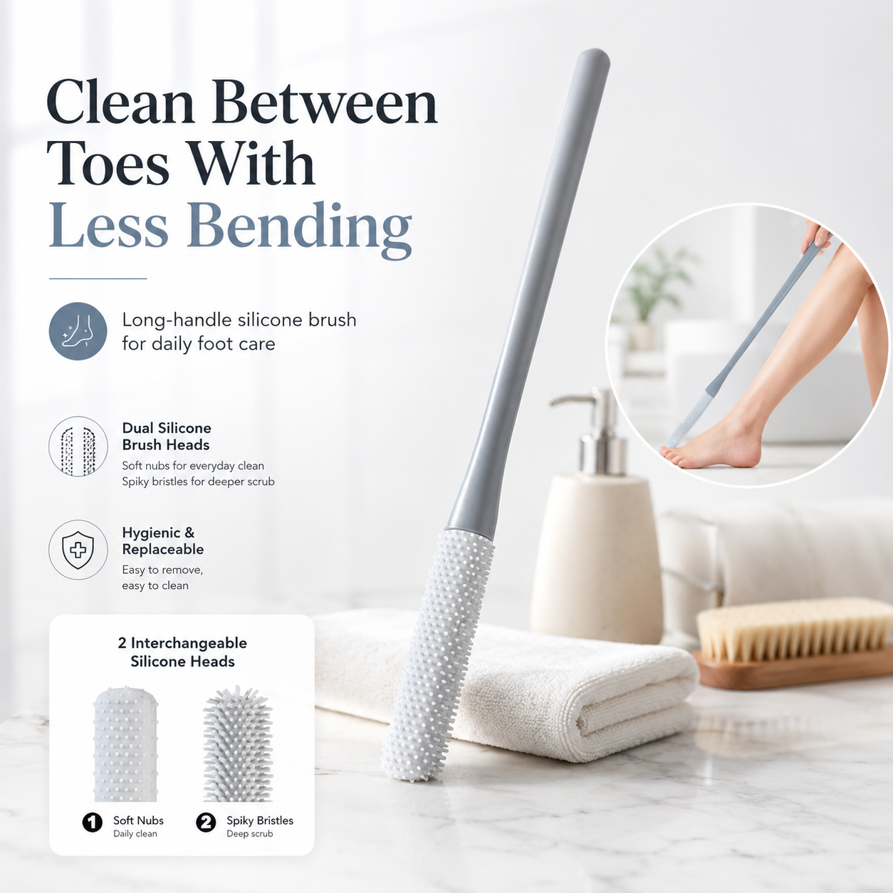 🦶 Long-Handle Toe Gap Cleaning Brush – Easy-Reach Foot Scrubber for Shower & Daily Care