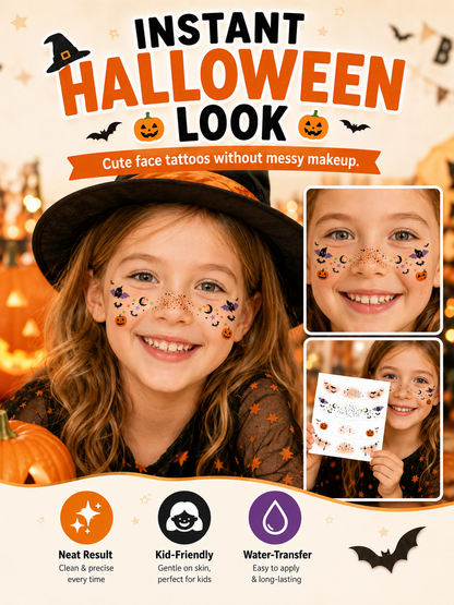 🎃 Halloween Style ✨ Pumpkin, Bat & Moon Temporary Face Tattoo Stickers for Spooky Party Looks