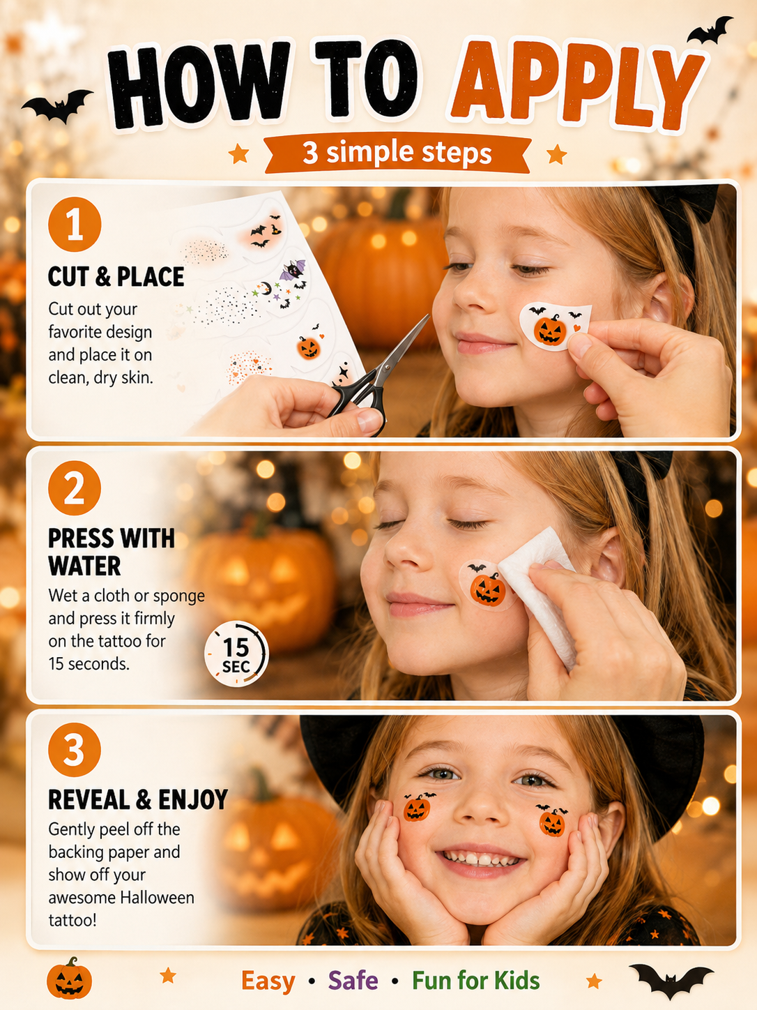🎃 Halloween Style ✨ Pumpkin, Bat & Moon Temporary Face Tattoo Stickers for Spooky Party Looks