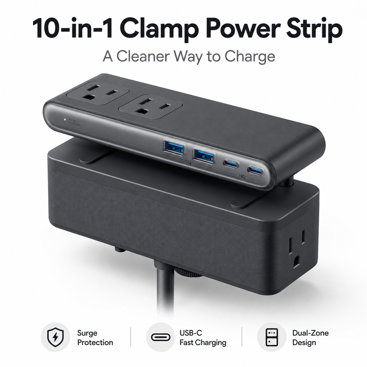 ⚡10 in 1 Clamp Power Strip with USB C Charging, Desk Mounted Extension Outlet with Surge Protection