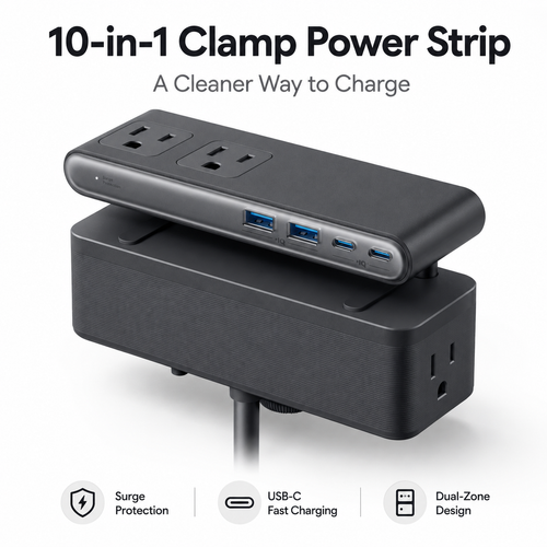 ⚡10 in 1 Clamp Power Strip with USB C Charging, Desk Mounted Extension Outlet with Surge Protection