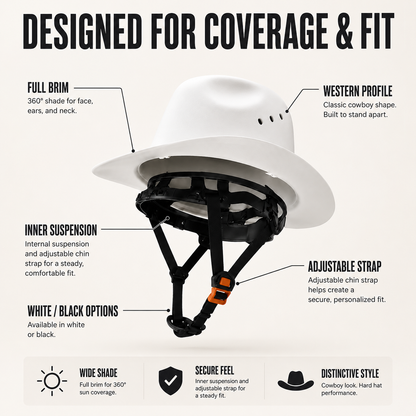 Cowboy-Style Full-Brim Hard Hat 🤠 | White & Black